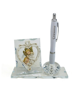 PortaPenne in Cristallo con Icona Cuore Angelo Angioletto Santa Cresima Penna 
