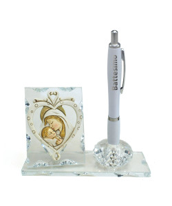 PortaPenne in Cristallo con Icona Cuore Madonna e Bambino Battesimo Penna 
