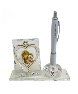 PortaPenne in Cristallo con Icona Cuore Sacra Famiglia Prima Comunione Penna 