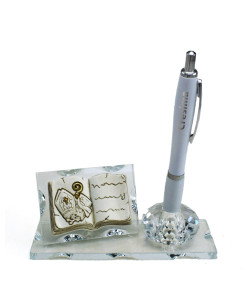 PortaPenne in Cristallo con Icona Libro Bastone e Cappello Vescovile Santa Cresima Penna 