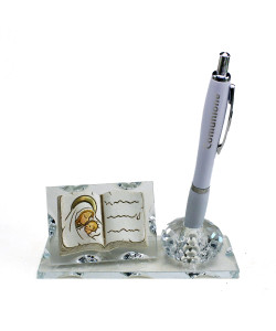 PortaPenne in Cristallo con Icona Libro Madonna con Bambino Comunione Penna 