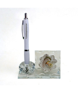 PortaPenne in Cristallo con Icona Quadrifoglio Portafortuna e Madonna con Bambino Penna Comunione