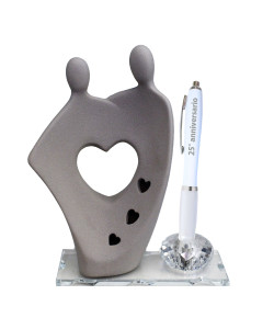 PortaPenne in Cristallo con Sposi Sposini in Porcellana Cuore Innamorati Penna 25 Anniversario di Nozze Matrimonio