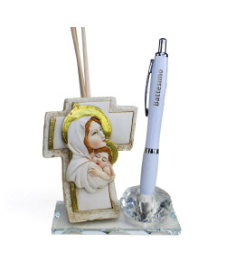 Portapenne in Cristallo Profumatore Crocifisso Gold Madonna e Bambino con Penna Battesimo