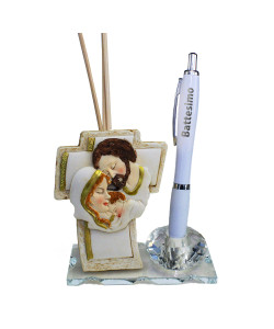 Portapenne in Cristallo Profumatore Crocifisso Gold Sacra Famiglia con Penna Battesimo