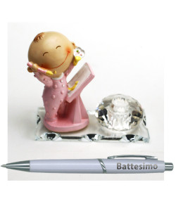 PortaPenne in Vetro e Cristallo con Penna e Icona Neonata Bebè Bimba Nascita Battesimo