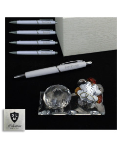 PortaPenne in Vetro e Cristallo con Penna e Icona Oro Quadrifoglio Portafortuna Coppia Fedi 50 Anniversario D'oro Cinquantesimo Nozze