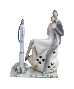 PortaPenne in Vetro e Cristallo con Penna e Luce LED Lampada Lume Cuore in Porcellana Coppia Sposi 25 Anniversario Nozze Matrimonio Venticinquesimo