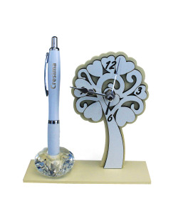 Portapenne Panna in cristallo con Orologio in legno Albero della Vita con Penna per Cresima