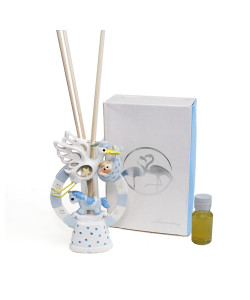 Profumatore Azzurro in Resina con Cavalluccio a Dondolo Cicogna e Bimbo Nascita Battesimo Diffusore per Ambienti Profumo