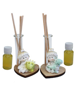 Profumatore con Cuore in legno con Bimbe Bambine Peluche Dinosauro Nascita Battesimo Comunione Segnaposto