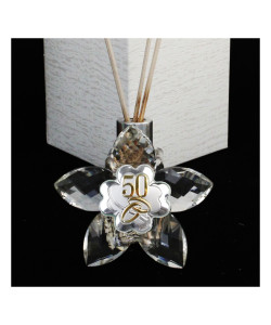 Profumatore Fiore 5 petali in Cristallo con Quadrifoglio Coppia Fedi 50 Anniversario Nozze D'oro Cinquantesimo Diffusore per Ambienti Profumo