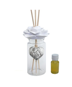 Profumatore in Vetro Fiore e Icona Cuore Sacra Famiglia Battesimo Comunione Matrimonio Diffusore Ambienti