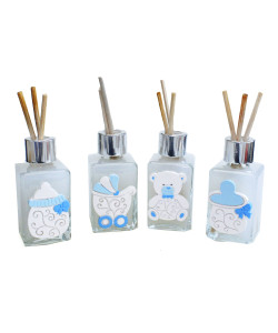 Profumatore in Vetro Passeggino Biberon Orsetto Succhiotto Blu Nascita Bimbo Battesimo Compleanno Diffusore Profumo