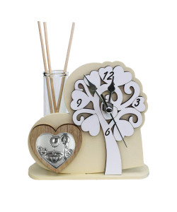 Profumatore Orologio con Albero della Vita in rilievo legno Cuore Battesimo Fonte Battesimale da Scrivania Diffusore