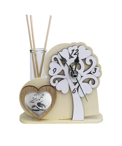 Profumatore Orologio con Albero della Vita in rilievo legno Cuore Coppia Fedi 25 Anniversario Nozze Matrimonio da Scrivania Diffusore di Profumo