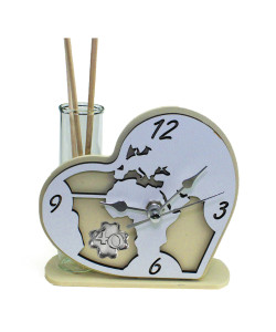 Profumatore Orologio Cuore con Mappamondo Mondo in legno Quadrifoglio 40 Anniversario Nozze Quarantesimo Compleanno Diffusore Profumo