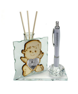 Profumatore PortaPenne in Cristallo Angelo Angioletto Puttino in Legno con Cuore Calice della Prima Comunione Diffusore Profumo