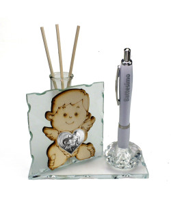 Profumatore PortaPenne in Cristallo Angelo Angioletto Puttino in Legno con Cuore Madonna e Bambino per Battesimo Fonte Battesimale Diffusore Profumo