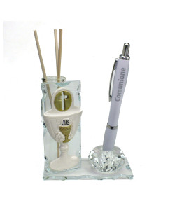 Profumatore PortaPenne in Cristallo Calice Prima Comunione Crocifisso Vite Penna Diffusore Profumo