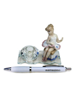 PortaPenne in Cristallo con Ballerina in Porcellana Battesimo Penna Scrivania