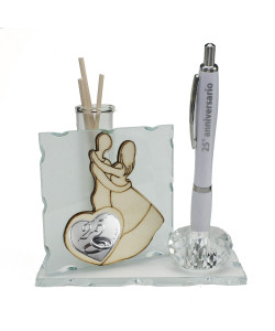 Profumatore PortaPenne in Cristallo Coppia Sposi Cuore 25 Anniversario Nozze Matrimonio Venticinquesimo Penna Diffusore Profumo