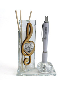 Profumatore PortaPenne in Cristallo Cuore Chiave di Sol Violino con Albero della Vita per Battesimo Penna Diffusore Profumo