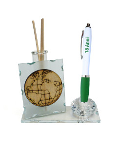 Profumatore PortaPenne in Cristallo Mappamondo Viaggi Mondo Festa 18 Anni Compleanno Penna Diffusore Profumo