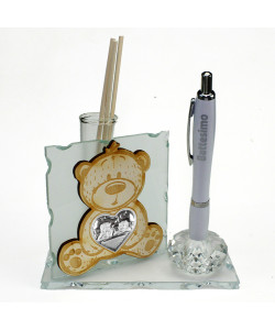 Profumatore PortaPenne in Cristallo Orso Orsetto in Legno con Cuore Coppia Angeli Angioletti Puttini per Battesimo Penna Diffusore Profumo