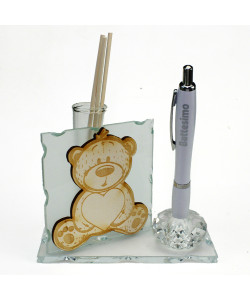 Profumatore PortaPenne in Cristallo Orso Orsetto in Legno con Cuore per Battesimo Penna Diffusore Profumo