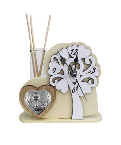 Profumo Orologio con Albero della Vita in rilievo legno Cuore Calice della Prima Comunione da Scrivania Diffusore di Profumo