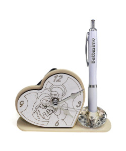 Portapenne in cristallo con Orologio in legno Sacra Famiglia con Penna Battesimo