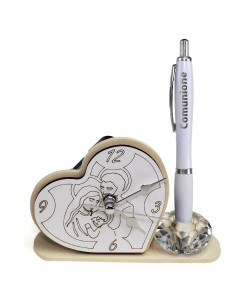 Portapenne in cristallo con Orologio in legno Sacra Famiglia con Penna Comunione