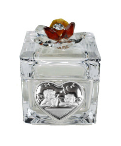 Scatola Scatolina Porta Confetti in vetro con Fiore colorato in Cristallo e Cuore Angeli Angioletti Puttini Confettata Nozze Matrimonio Comunione