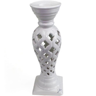 Bomboniera Candelabro in ceramica bianca traforata, 20 cm altezza, 7 cm base e profondità, con scatola imbottita, per Matrimonio, Battesimo, Anniversario, Comunione