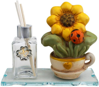 Profumatore in vetro per 50 compleanno o 50 anniversario nozze d'oro con fiori in porcellana girasole tulipano e quadrifoglio e coccinella portafortuna