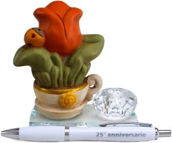 Profumatore in Vetro e porcellana per 25 anniversario di Matrimonio con fiori girasole tulipano quadrifoglio e coccinella portafortuna 