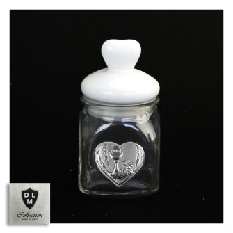 Barattolo in vetro Shabby Chic con Tappo Cuore in Ceramica Calice della Prima Comunione Portaconfetti
