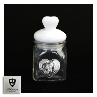 Barattolo in vetro Shabby Chic con Tappo Cuore in Ceramica e Madonna con Bambino Portaconfetti Matrimonio Battesimo Comunione