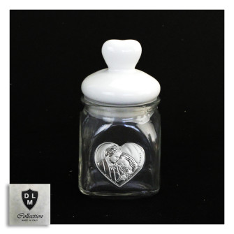 Barattolo in vetro Shabby Chic con Tappo Cuore in Ceramica e Sacra Famiglia Portaconfetti Matrimonio Battesimo Comunione