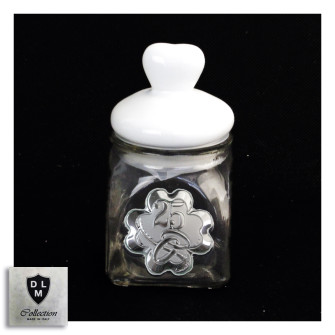 Barattolo in vetro Shabby Chic Tappo Cuore in Ceramica Quadrifoglio Coppia Fedi 25 Anniversario Nozze d'Argento Venticinquesimo Portaconfetti