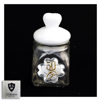 Barattolo in vetro Shabby Chic Tappo Cuore in Ceramica Quadrifoglio Coppia Fedi 50 Anniversario D'oro Cinquantesimo Portaconfetti