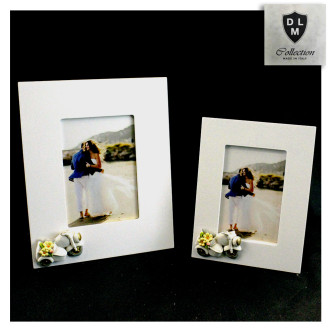 Bomboniera Portafoto Cornice Quadretto con Moto Motorino Vespa con Fiori Battesimo Comunione Laurea Shabby Chic in legno