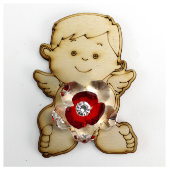 Calamita Magnete Angioletto Puttino in Legno con Fiore in cristallo Segnaposto Confettata