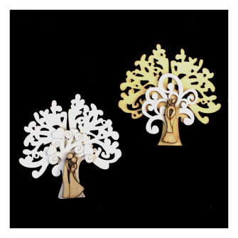 Calamita Magnete Cuore in Legno con Albero della Vita e Coppia Sposi Segnaposto Pensierino Confettata