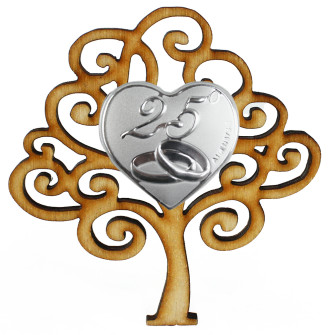 Calamita Magnete in Legno con Cuore Coppia Fedi 25 Anniversario Nozze d'Argento Venticinquesimo Matrimonio Segnaposto Confettata