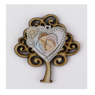 Calamita Magnete in Legno con Cuore Madonna e Bambino Gesù  in resina Segnaposto Confettata