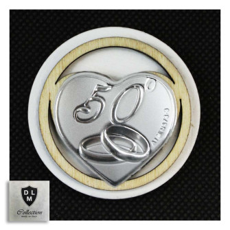 Calamita Magnete Tonda Cuore in legno Coppia Fedi 50 Anniversario D'oro Cinquantesimo Segnaposto Pensierino Confettata