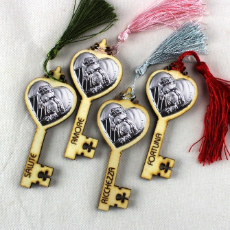 Chiave Portafortuna in Legno con Sacra Famiglia