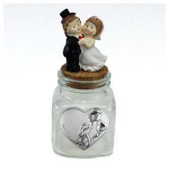 Barattolo Quadrato in Vetro con Coppia Sposi Sposini Nozze Cuore Fedi Nuziali Anniversario Matrimonio Portaconfetti Segnaposto